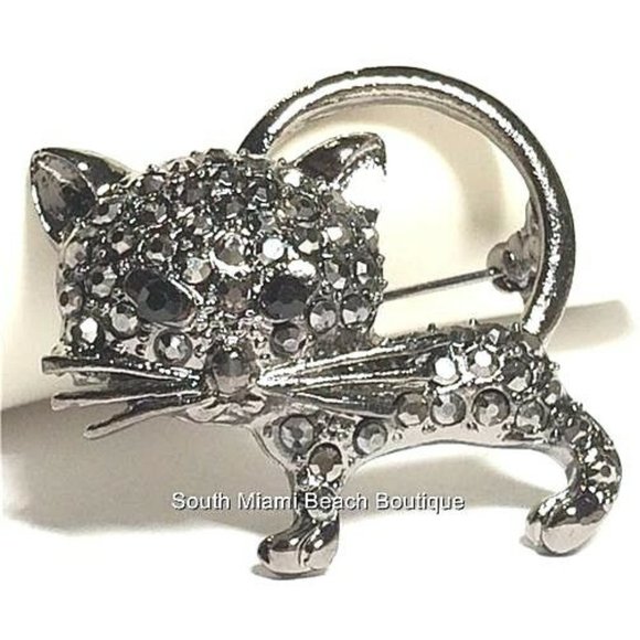 Silver Crystal Kitty Cat Pin Brooch Black Kitten Halloween Sparkly Crystals - Picture 1 of 5